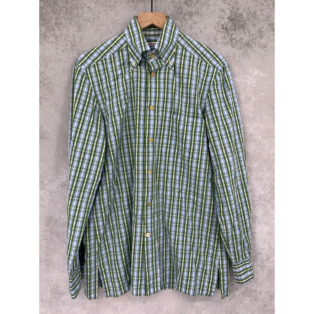 Kiton Button Down Shirt Mens Medium Green Blue Gingham Plaid Long Sleeve Italy